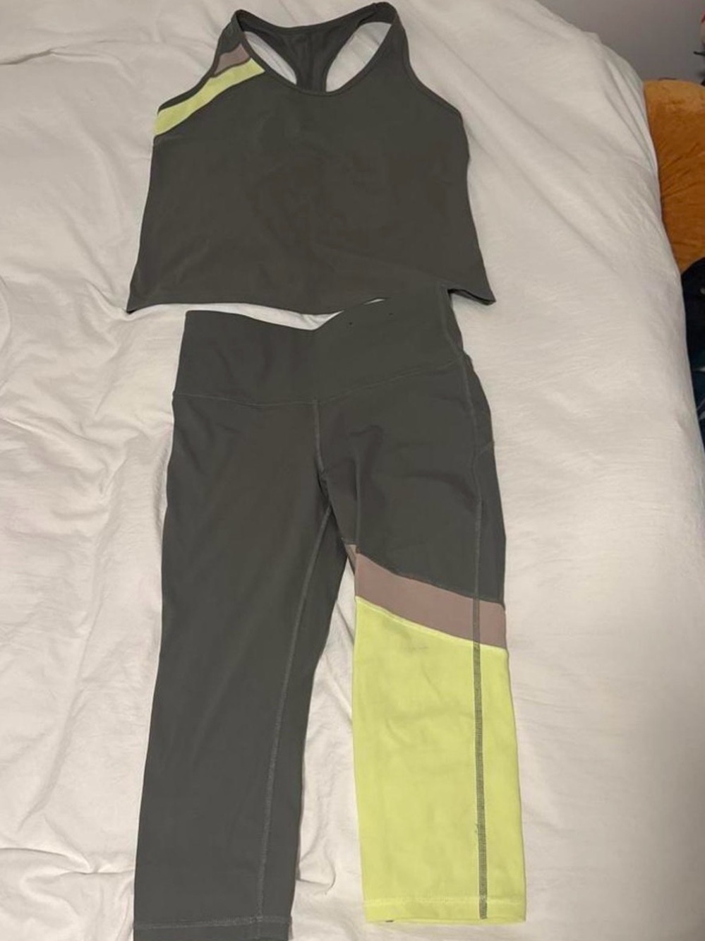 Xersion Women's Dark Gray Crop Tank & Capri Leggings with Lime and Taupe Accents